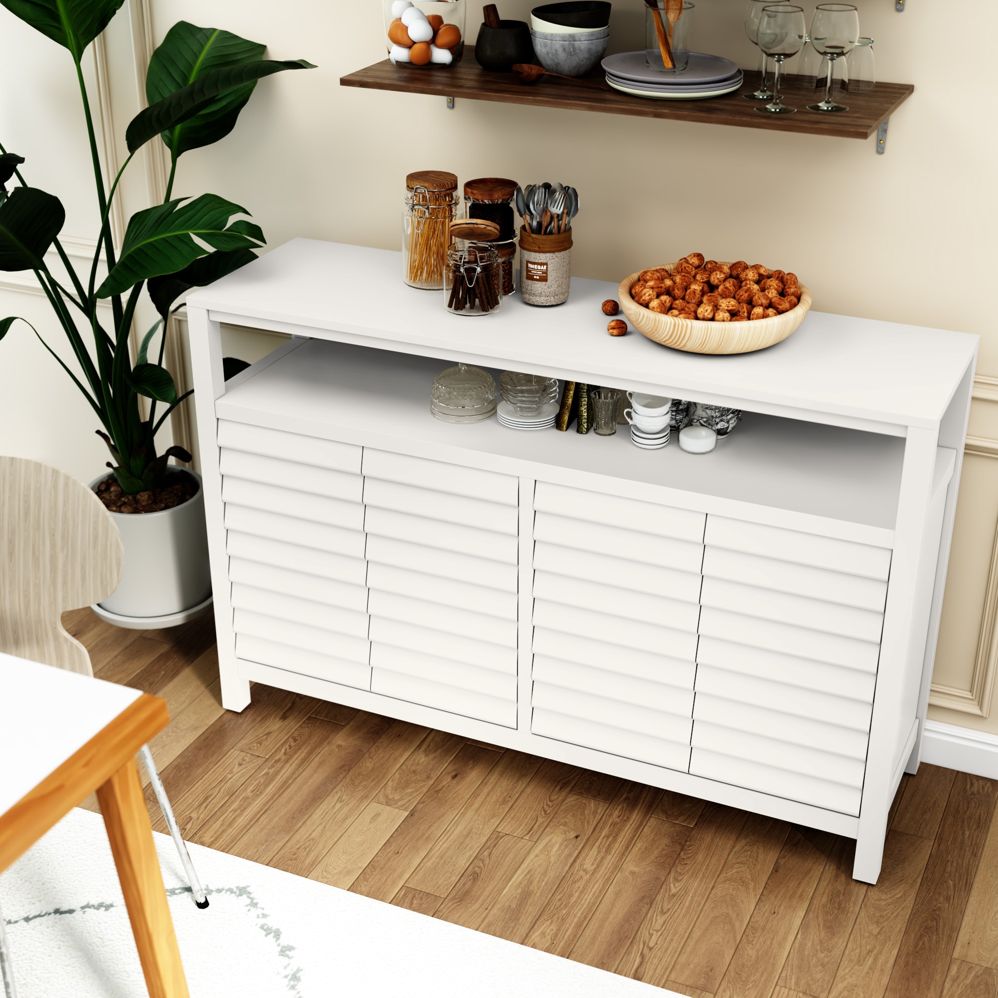 Home Office Cabinet With 4 Doors&Shelves, Accent Storage Cabinet With Decorative Louvered Doors, White Credenza Storage Cabinet For Living Room, Hallway, Kitchen, Dining Room_voghion.com